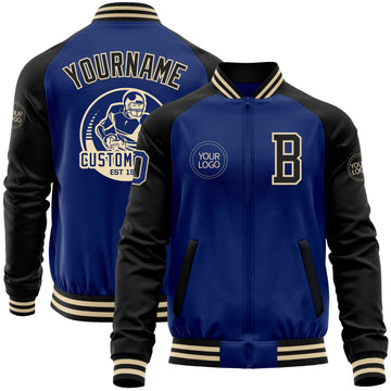 Custom Royal Black-Cream Bomber Varsity Letterman Two Tone Zipper Jacket