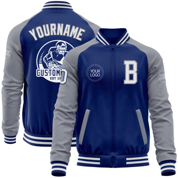 Custom Royal White-Gray Bomber Varsity Letterman Two Tone Zipper Jacket