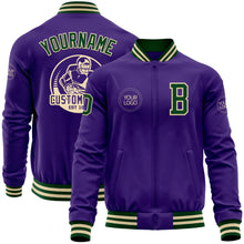 Load image into Gallery viewer, Custom Purple Green-Cream Bomber Varsity Letterman Zipper Jacket
