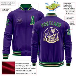 Custom Purple Kelly Green Cream-Black Bomber Varsity Letterman Zipper Jacket