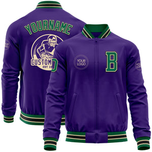 Custom Purple Kelly Green Cream-Black Bomber Varsity Letterman Zipper Jacket