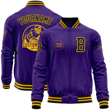 Custom Purple Black-Gold Bomber Varsity Letterman Zipper Jacket