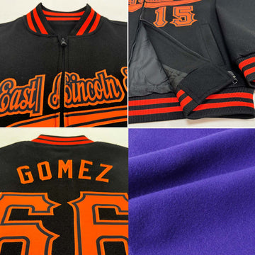 Custom Purple Black-Orange Bomber Varsity Letterman Zipper Jacket