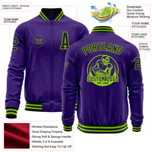 Load image into Gallery viewer, Custom Purple Black-Neon Green Bomber Varsity Letterman Zipper Jacket
