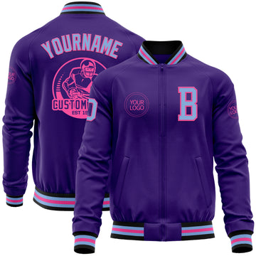 Custom Purple Light Blue Pink-Black Bomber Varsity Letterman Zipper Jacket