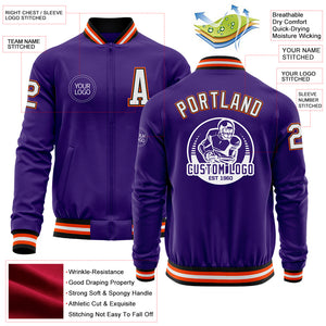 Custom Purple Black-Orange Bomber Varsity Letterman Zipper Jacket