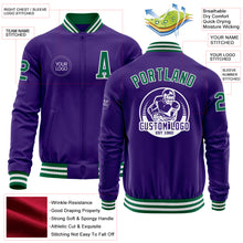 Load image into Gallery viewer, Custom Purple Kelly Green-White Bomber Varsity Letterman Zipper Jacket
