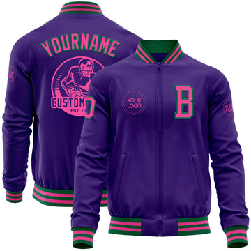 Custom Purple Pink-Kelly Green Bomber Varsity Letterman Zipper Jacket