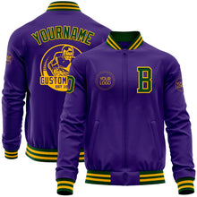 Load image into Gallery viewer, Custom Purple Green-Gold Bomber Varsity Letterman Zipper Jacket
