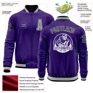 Custom Purple Black-Gray Bomber Varsity Letterman Zipper Jacket