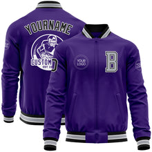 Load image into Gallery viewer, Custom Purple Black-Gray Bomber Varsity Letterman Zipper Jacket
