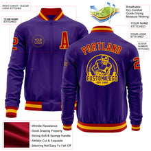 Load image into Gallery viewer, Custom Purple Red-Gold Bomber Varsity Letterman Zipper Jacket
