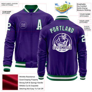 Custom Purple White-Kelly Green Bomber Varsity Letterman Zipper Jacket