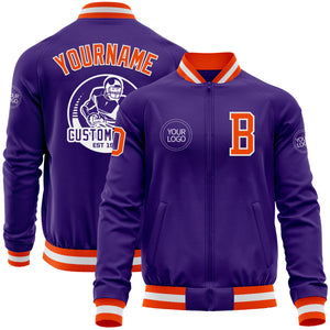 Custom Purple Orange-White Bomber Varsity Letterman Zipper Jacket