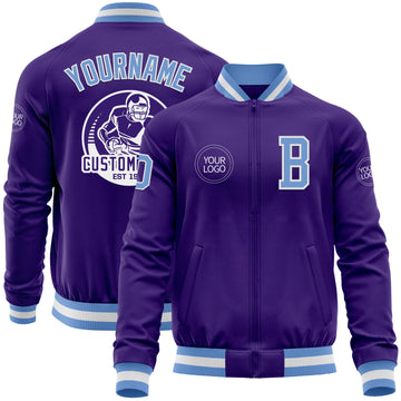 Custom Purple Light Blue-White Bomber Varsity Letterman Zipper Jacket