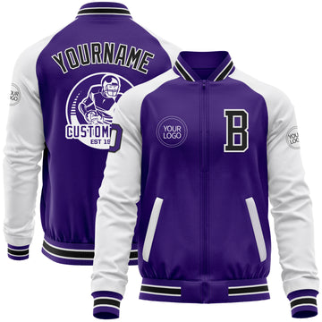 Custom Purple Black-White Bomber Varsity Letterman Two Tone Zipper Jacket