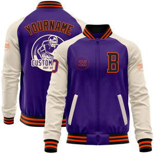 Custom Purple Black Orange-Cream Bomber Varsity Letterman Two Tone Zipper Jacket