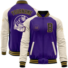 Load image into Gallery viewer, Custom Purple Black Old Gold-Cream Bomber Varsity Letterman Two Tone Zipper Jacket
