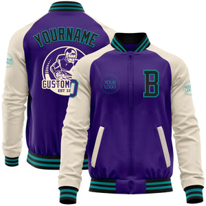 Custom Purple Black Teal-Cream Bomber Varsity Letterman Two Tone Zipper Jacket