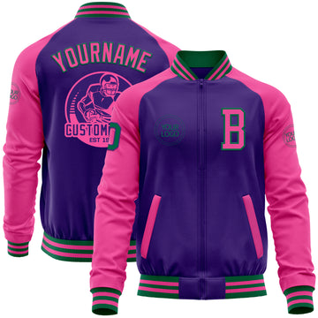 Custom Purple Pink-Kelly Green Bomber Varsity Letterman Two Tone Zipper Jacket