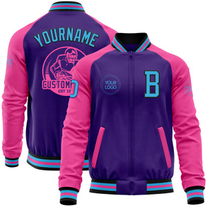 Custom Purple Sky Blue Black-Pink Bomber Varsity Letterman Two Tone Zipper Jacket