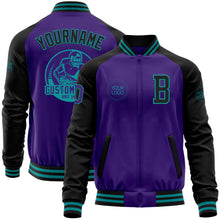 Load image into Gallery viewer, Custom Purple Black-Teal Bomber Varsity Letterman Two Tone Zipper Jacket
