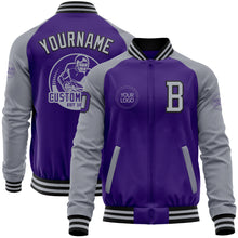 Load image into Gallery viewer, Custom Purple Gray-Black Bomber Varsity Letterman Two Tone Zipper Jacket
