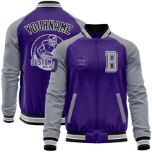 Load image into Gallery viewer, Custom Purple Gray-Black Bomber Varsity Letterman Two Tone Zipper Jacket
