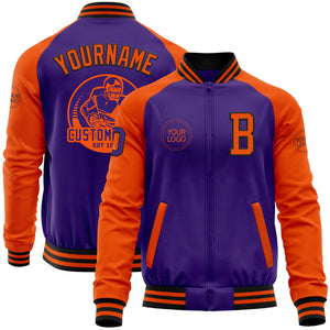 Custom Purple Orange-Black Bomber Varsity Letterman Two Tone Zipper Jacket