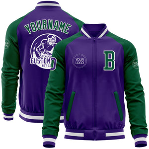 Custom Purple Kelly Green-White Bomber Varsity Letterman Two Tone Zipper Jacket