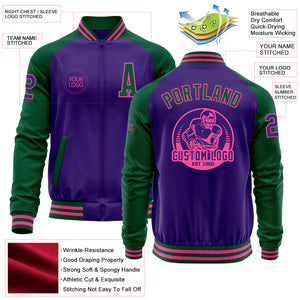 Custom Purple Kelly Green-Pink Bomber Varsity Letterman Two Tone Zipper Jacket