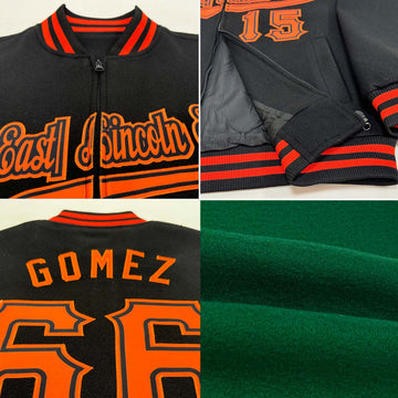 Custom Kelly Green Black-Cream Bomber Varsity Letterman Zipper Jacket