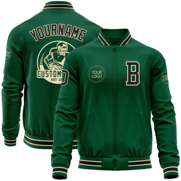 Custom Kelly Green Black-Cream Bomber Varsity Letterman Zipper Jacket