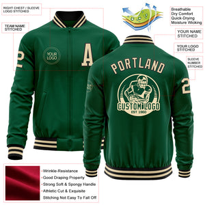 Custom Kelly Green Cream-Black Bomber Varsity Letterman Zipper Jacket