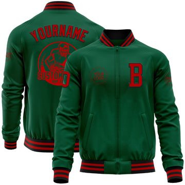 Custom Kelly Green Red-Black Bomber Varsity Letterman Zipper Jacket