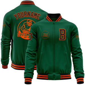 Custom Kelly Green Black-Orange Bomber Varsity Letterman Zipper Jacket