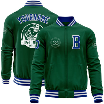 Custom Kelly Green Roya-White Bomber Varsity Letterman Zipper Jacket