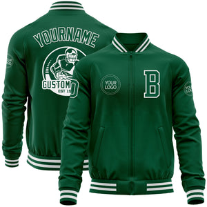 Custom Kelly Green White Bomber Varsity Letterman Zipper Jacket