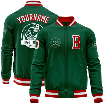 Custom Kelly Green Red-White Bomber Varsity Letterman Zipper Jacket