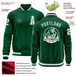 Custom Kelly Green White Bomber Varsity Letterman Zipper Jacket