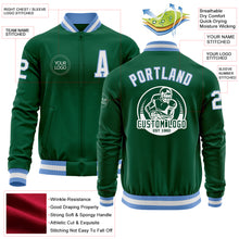 Load image into Gallery viewer, Custom Kelly Green White-Light Blue Bomber Varsity Letterman Zipper Jacket
