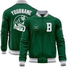 Load image into Gallery viewer, Custom Kelly Green White-Gray Bomber Varsity Letterman Zipper Jacket
