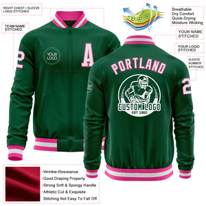 Custom Kelly Green White-Pink Bomber Varsity Letterman Zipper Jacket