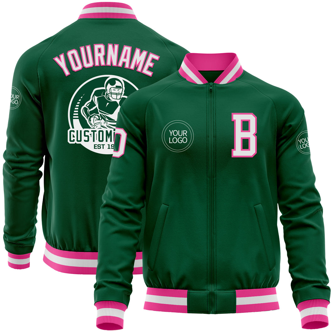 Custom Kelly Green White-Pink Bomber Varsity Letterman Zipper Jacket