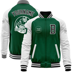 Custom Kelly Green Black-White Bomber Varsity Letterman Two Tone Zipper Jacket