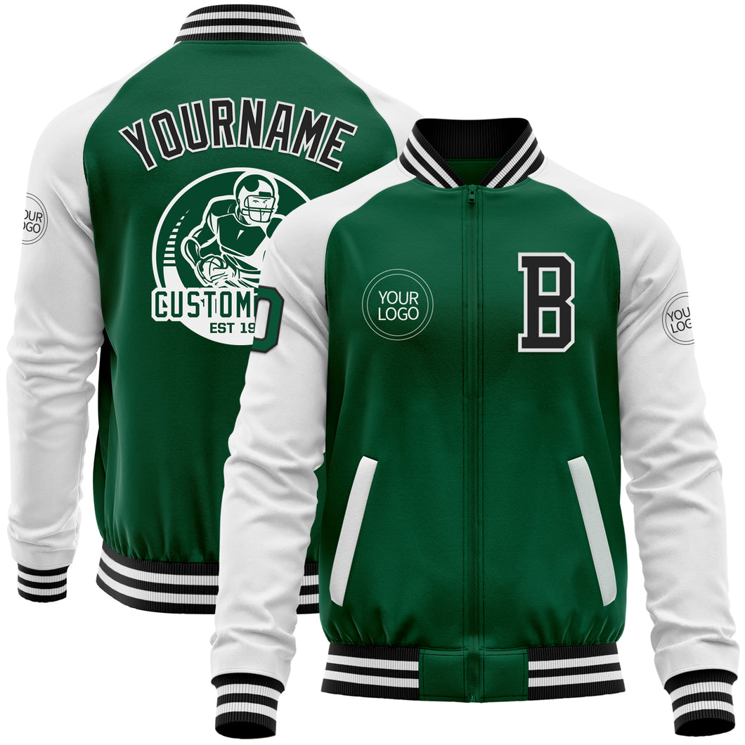 Custom Kelly Green Black-White Bomber Varsity Letterman Two Tone Zipper Jacket