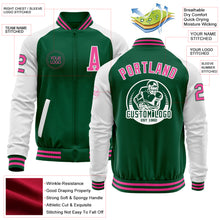 Load image into Gallery viewer, Custom Kelly Green Pink=White Bomber Varsity Letterman Two Tone Zipper Jacket
