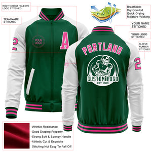 Custom Kelly Green Pink=White Bomber Varsity Letterman Two Tone Zipper Jacket