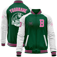 Load image into Gallery viewer, Custom Kelly Green Pink=White Bomber Varsity Letterman Two Tone Zipper Jacket
