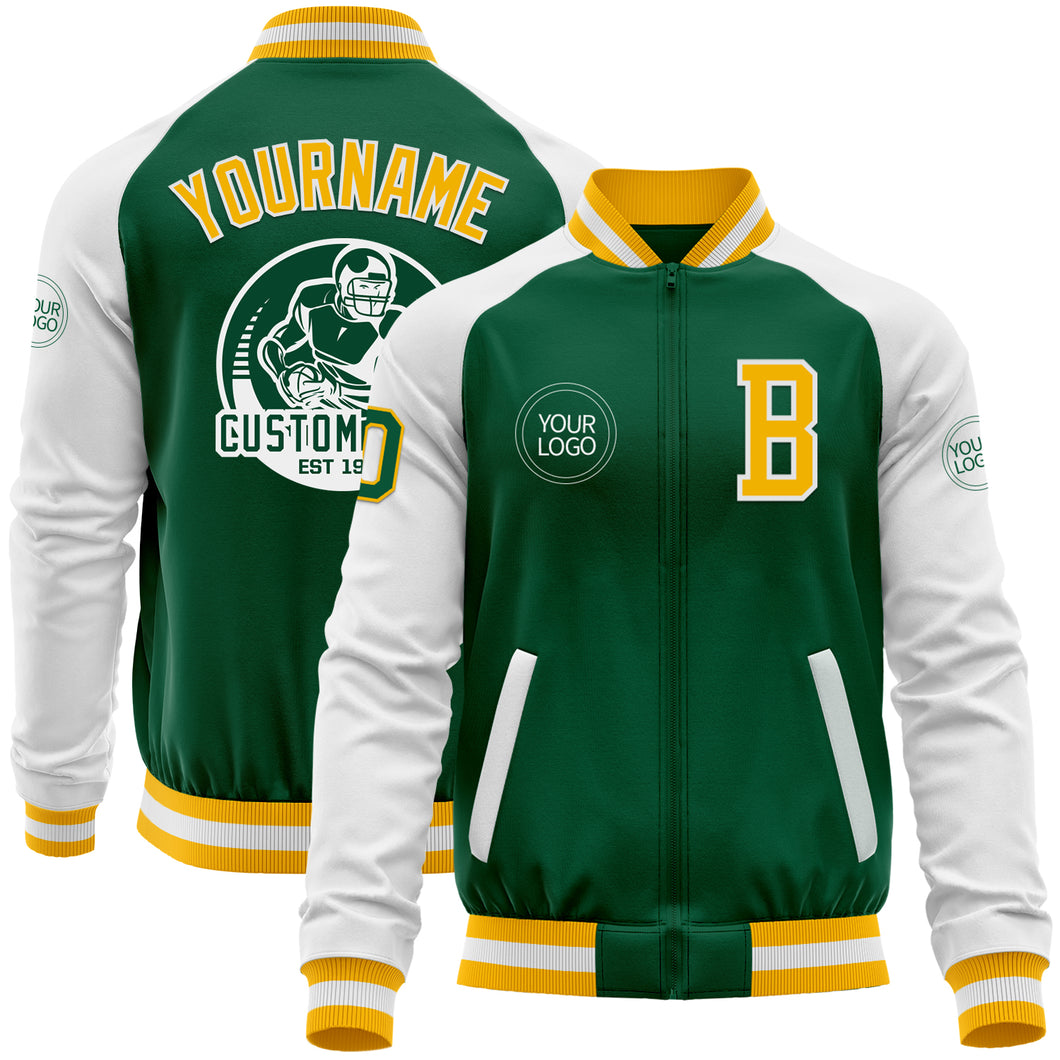 Custom Kelly Green Gold-White Bomber Varsity Letterman Two Tone Zipper Jacket